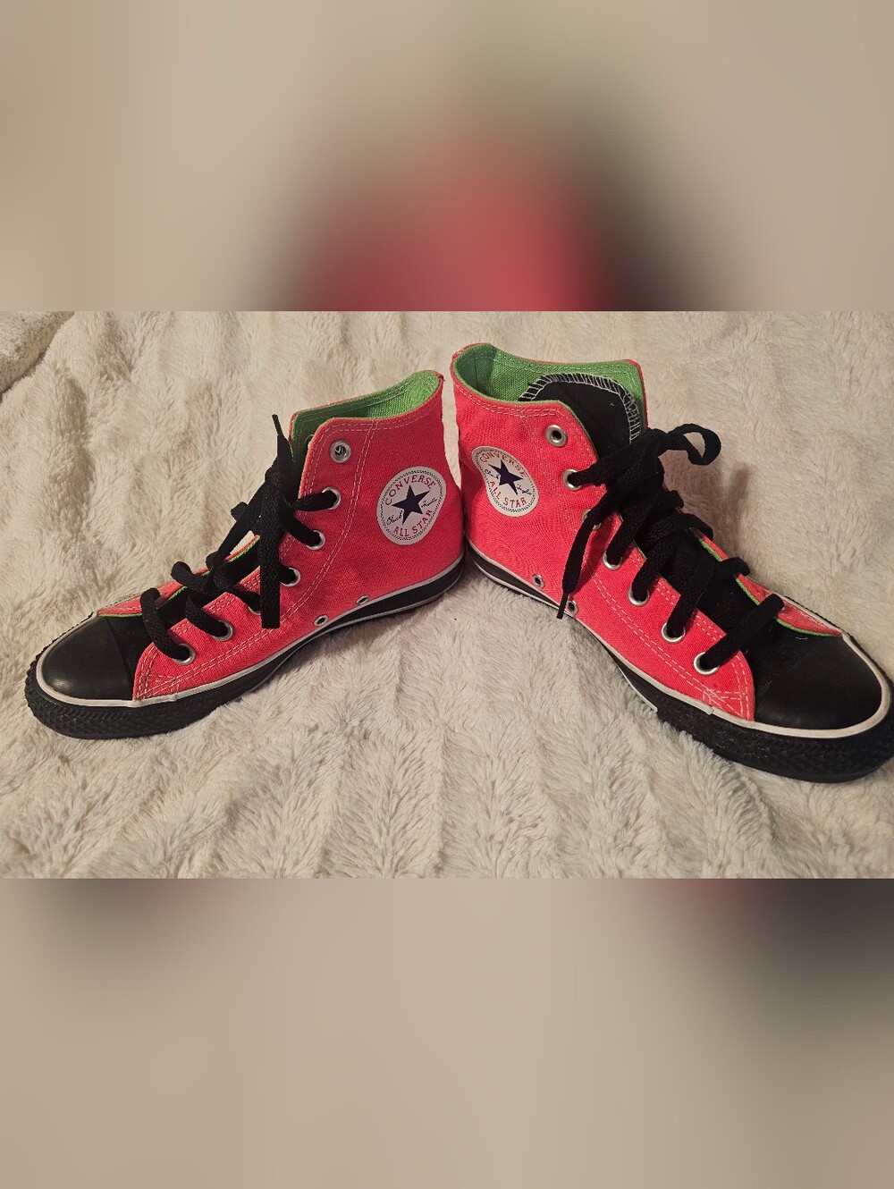 Converse High Top Lady Sneakers in Hot Pink, Lime Green with Black.